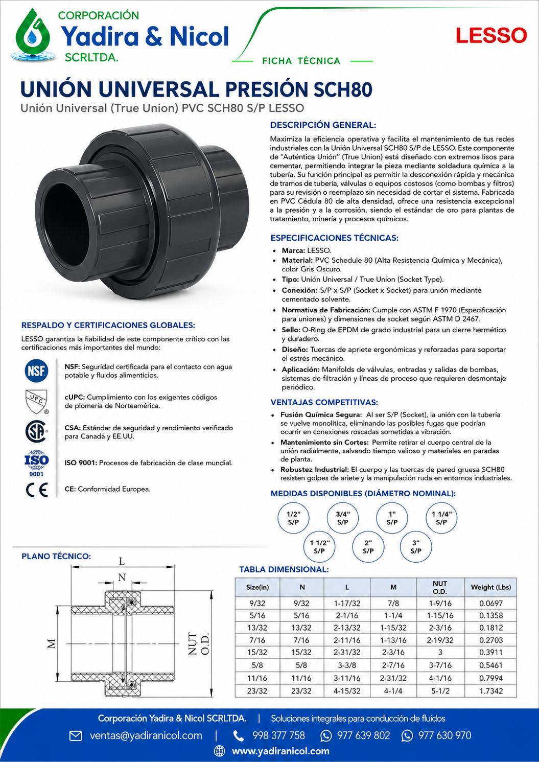 UNIÓN UNIVERSAL A PRESIÓN PVC SCH-80 LESSO