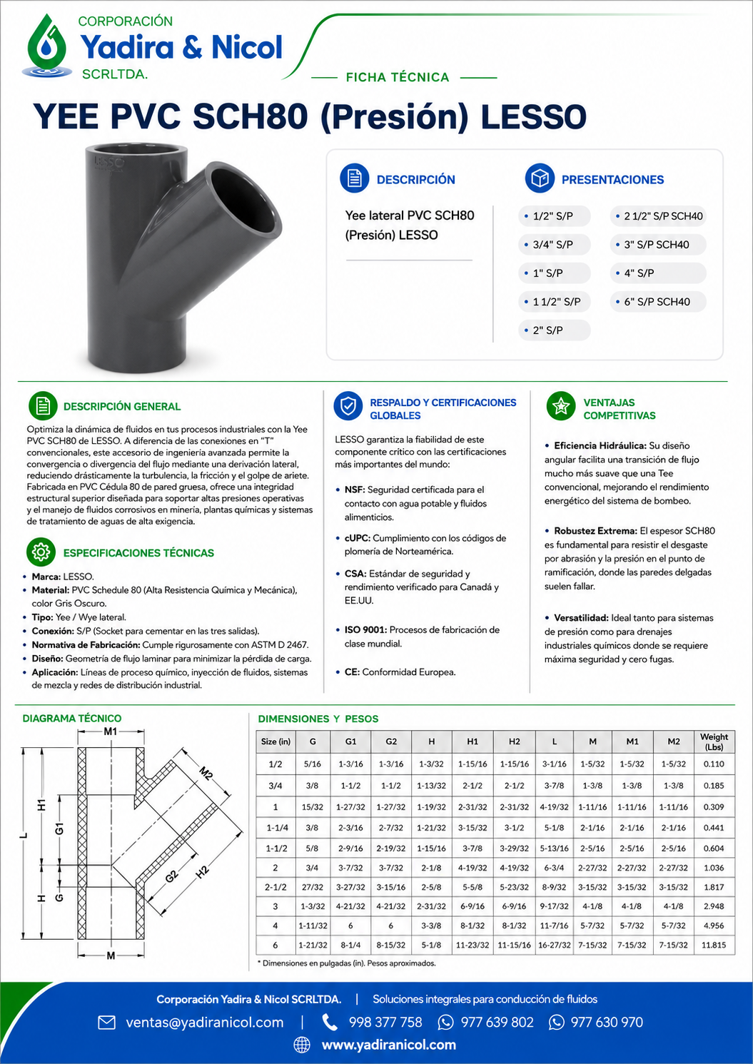 YEE A PRESIÓN PVC SCH-80 LESSO