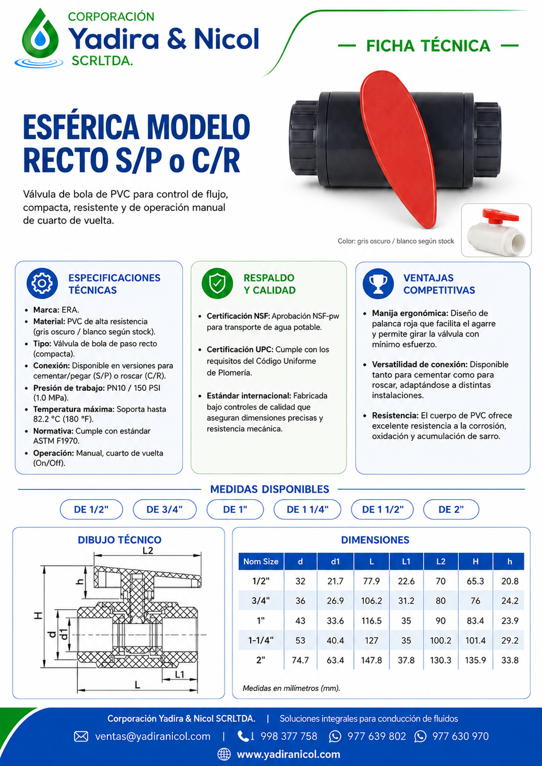 ESFERICA TIPO SANKING BLANCO A PRESIÓN PVC SCH-80 ERA
