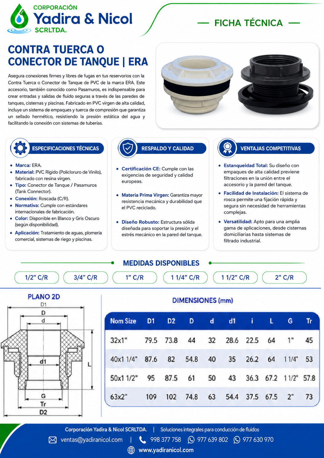CONTRATUERCA O CONECTOR BLANCO DE TANQUE PVC ERA