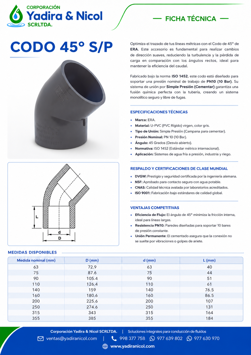 CODO DE 45° A PRESIÓN DIN PVC ERA