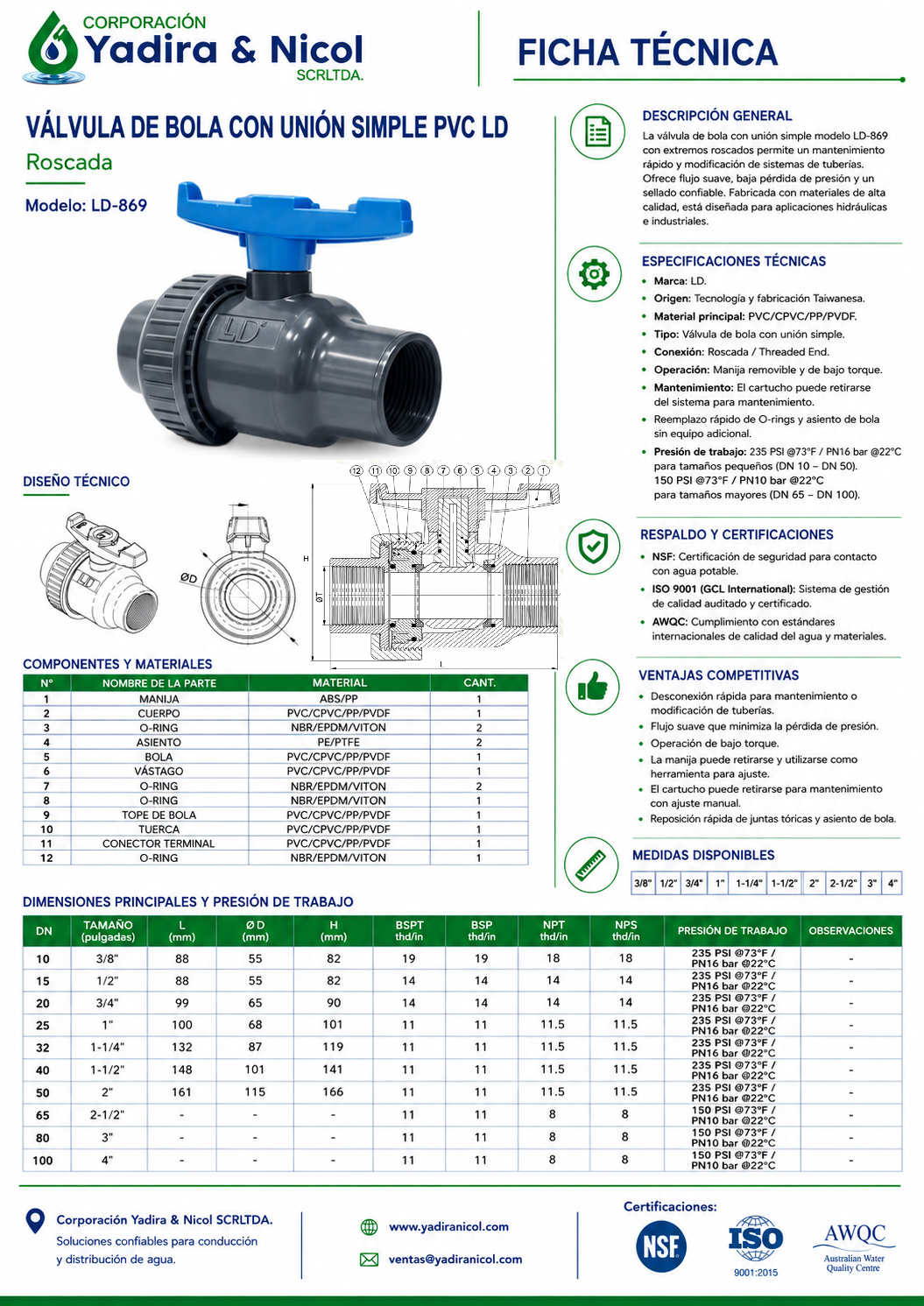 VÁLVULA CON UNA UNIVERSAL A PRESION PVC LD
