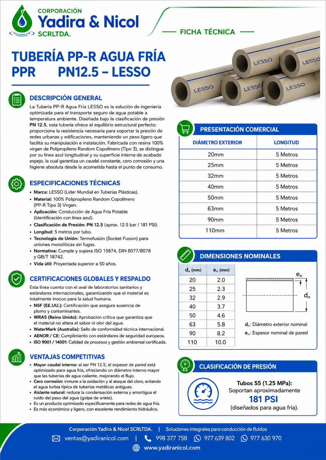 TUBO PARA AGUA FRIA PPR S5 PN 12.5 LESSO