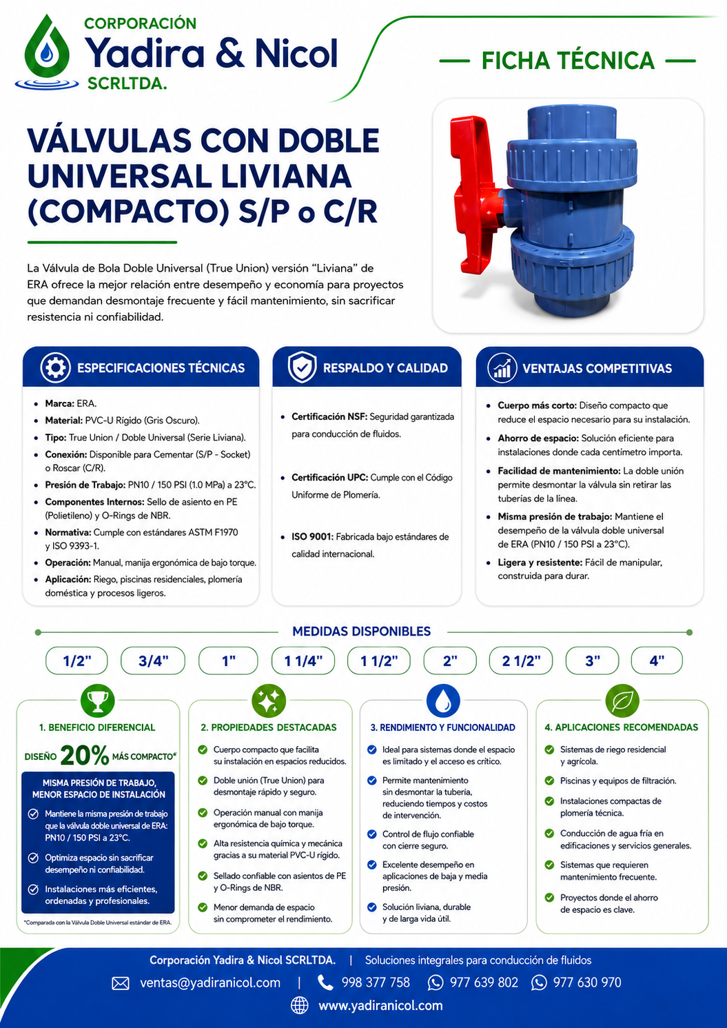 VÁLVULA CON DOBLE UNIÓN UNIVERSAL COMPACTA A PRESIÓN PVC ERA