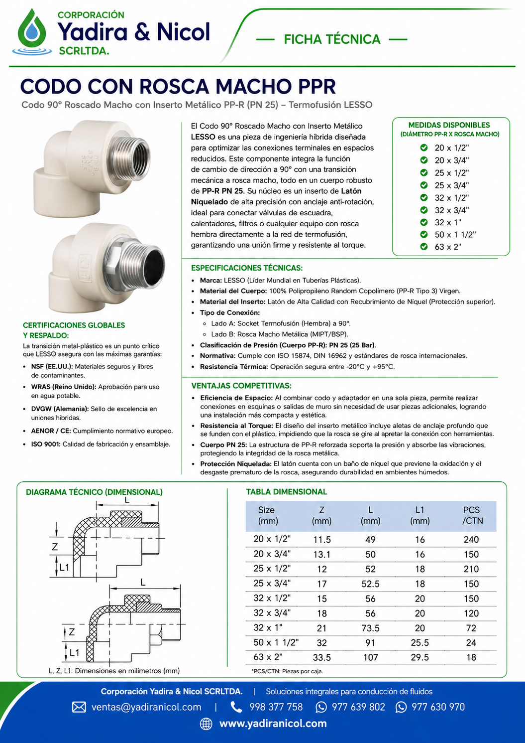 CODO DE 90° CON ROSCA MACHO PPR CON INSERTO DE METAL LESSO