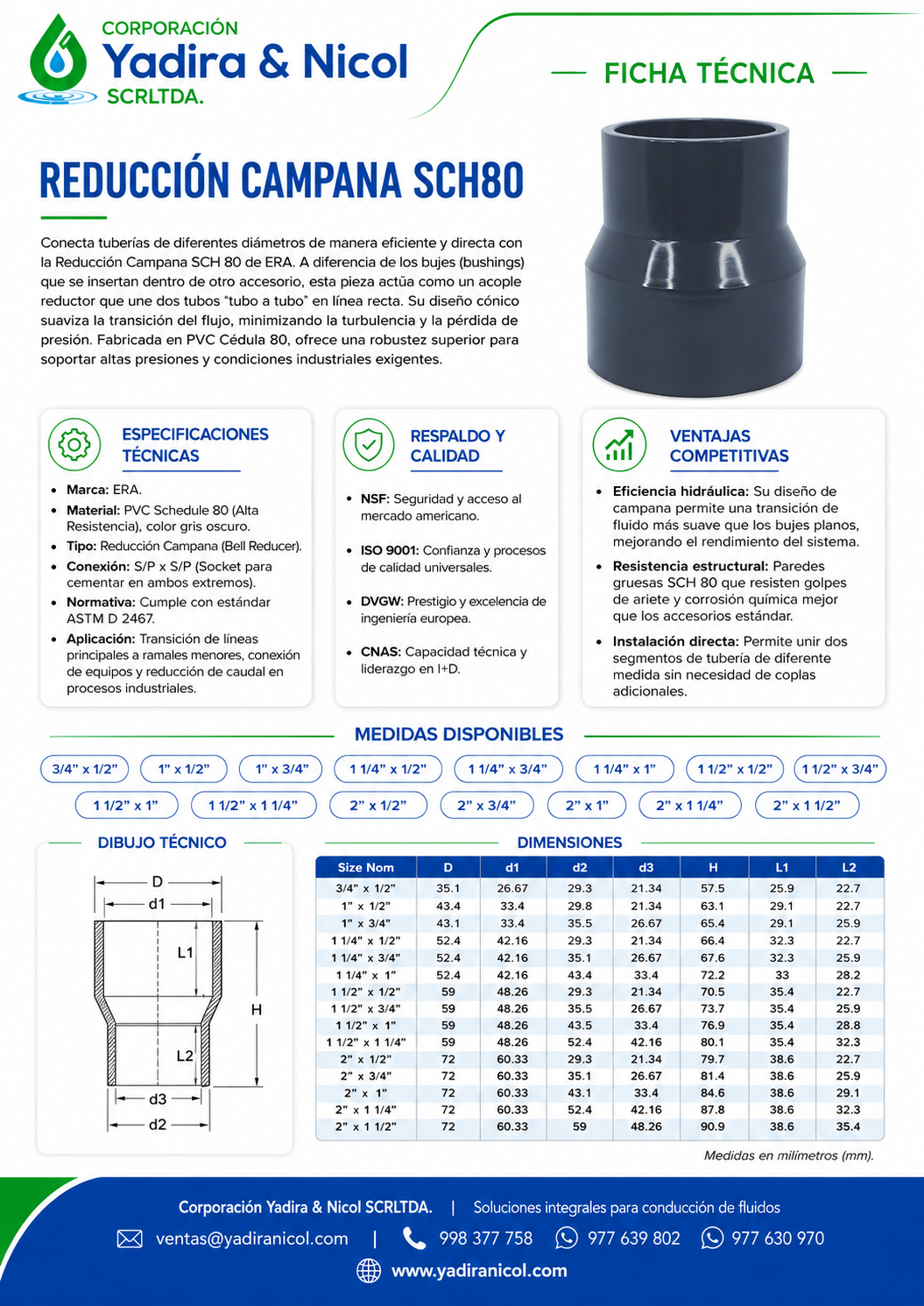 REDUCCIÓN CAMPANA A PRESIÓN PVC SCH-80 ERA