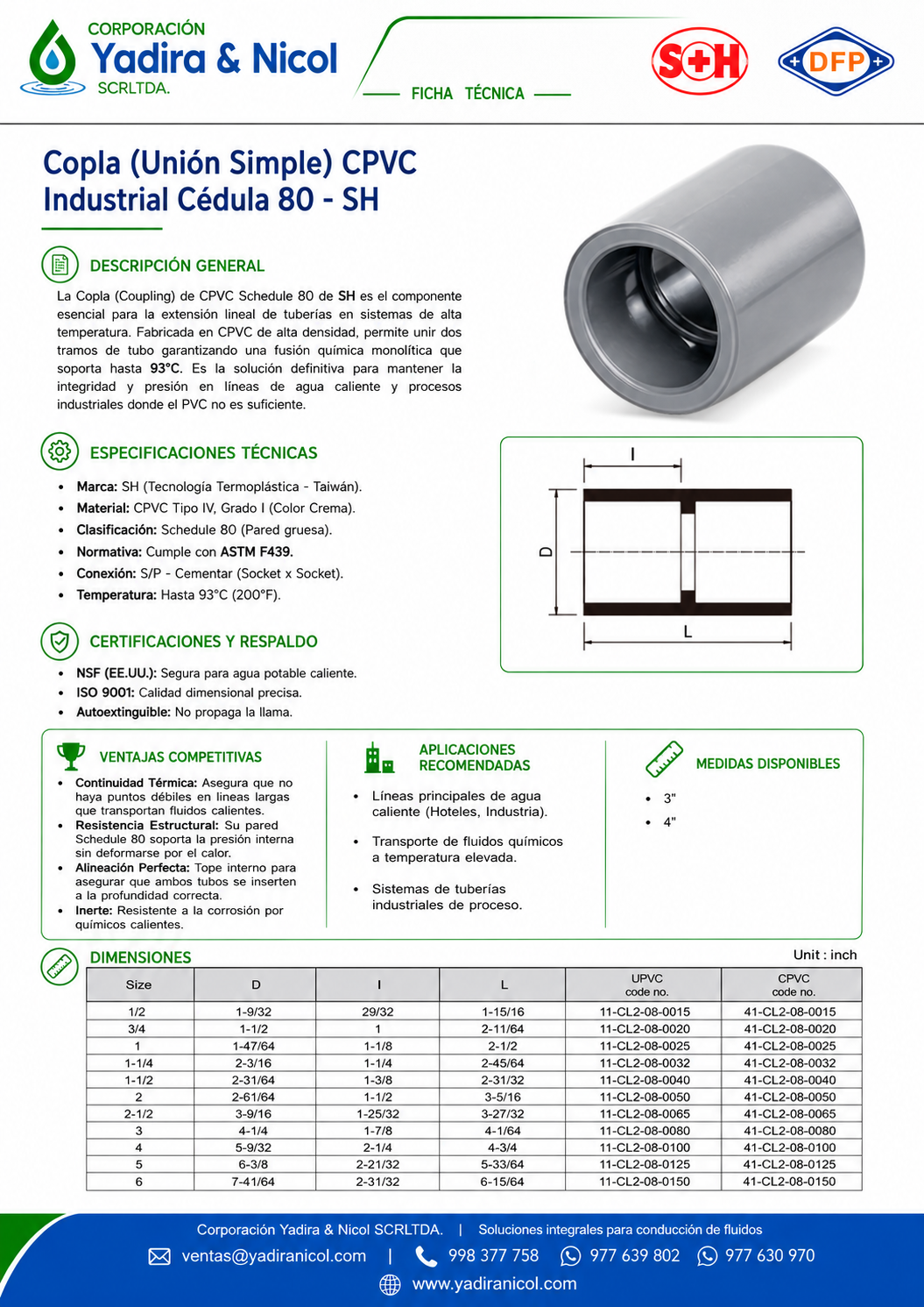 UNIÓN SIMPLE A PRESIÓN CPVC SCH-80 SH-DFP