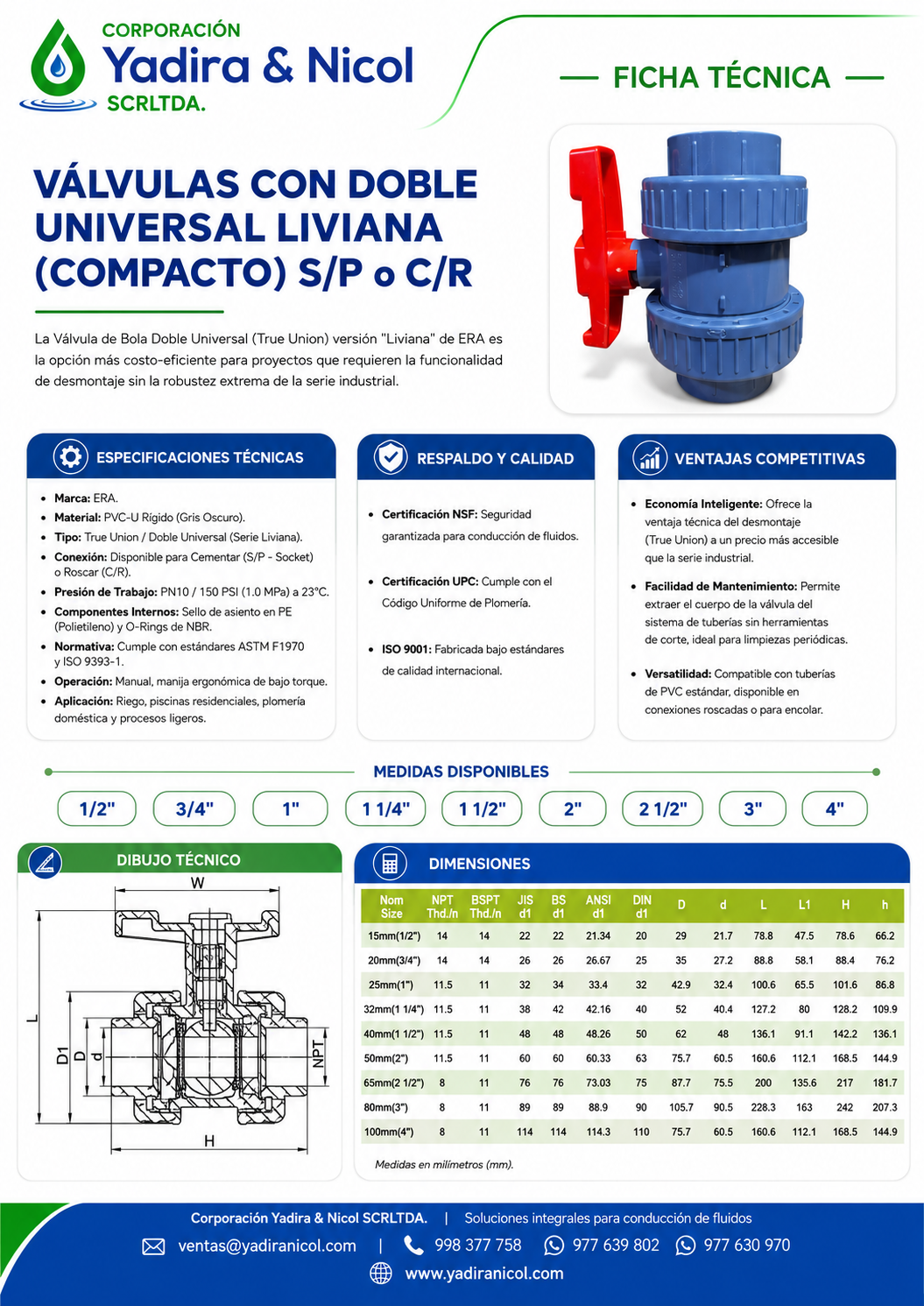 VÁLVULA CON DOBLE UNIÓN UNIVERSAL COMPACTA CON ROSCA PVC ERA