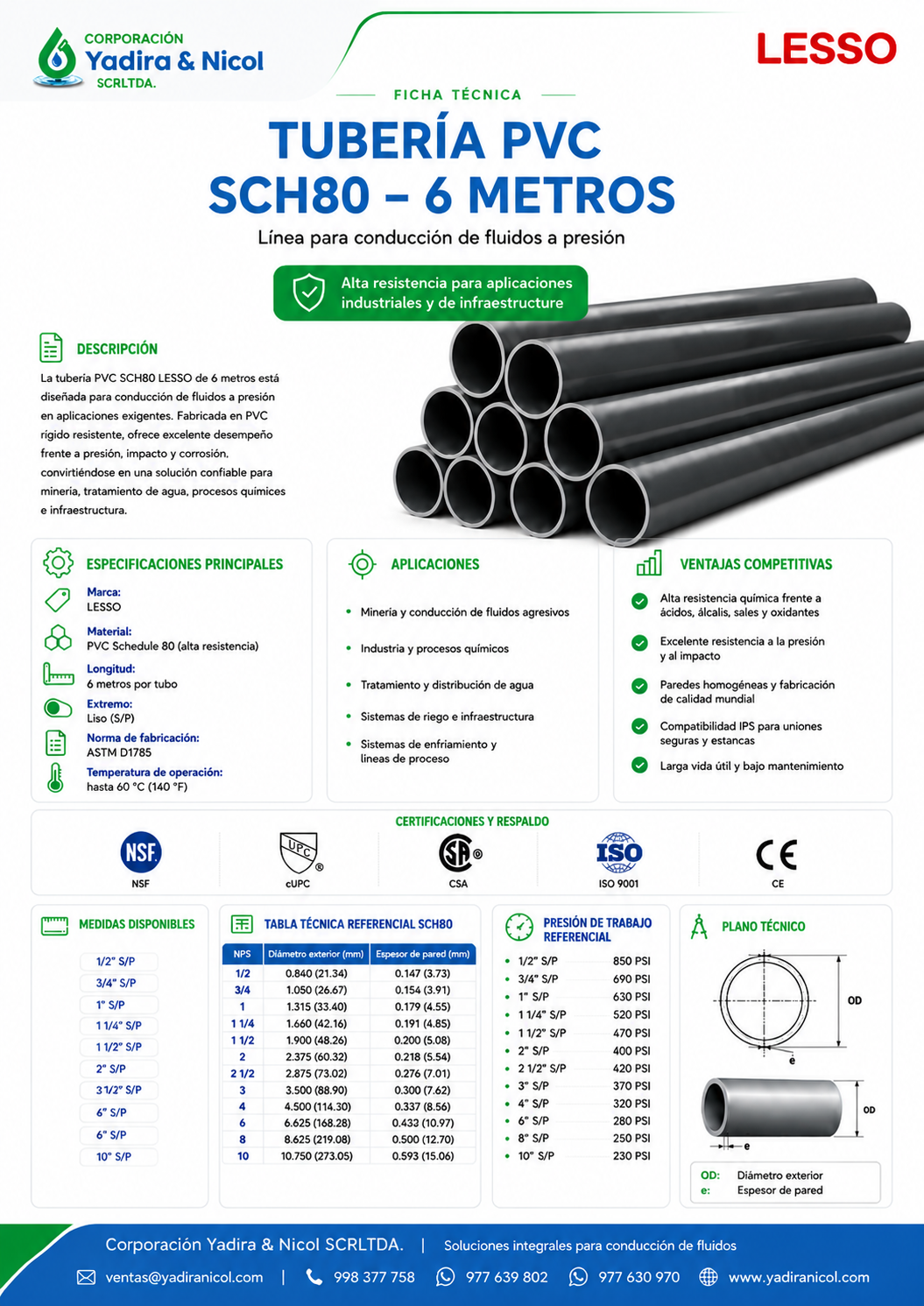 TUBO X 6 MTS A PRESIÓN PVC SCH-80 LESSO