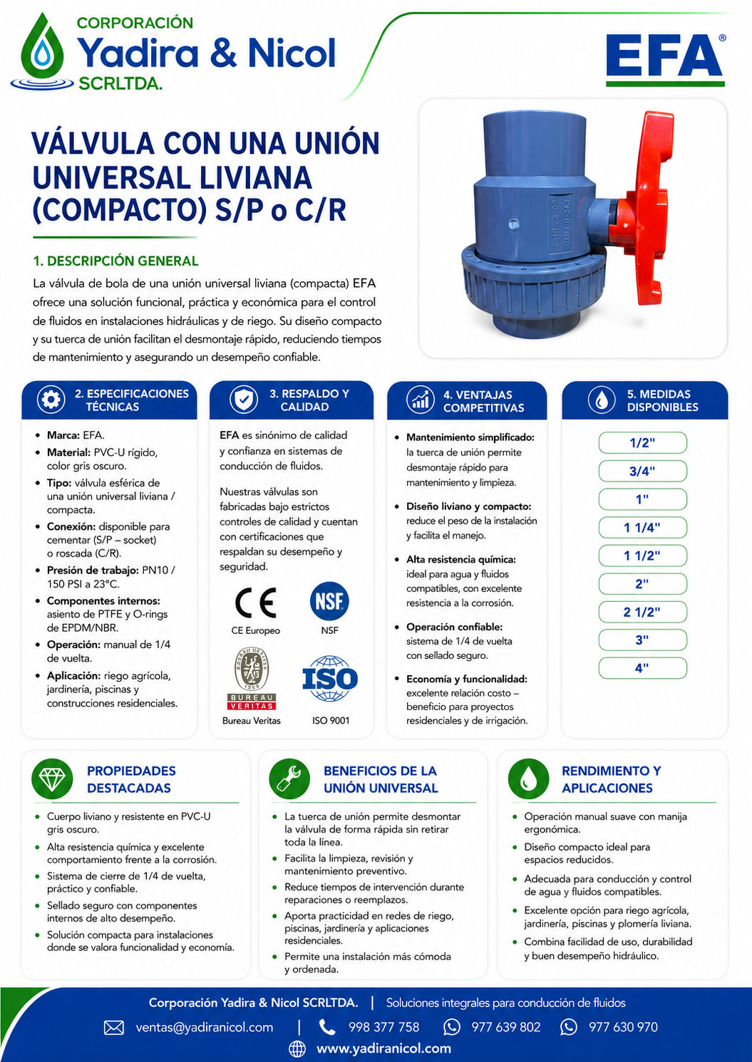 VÁLVULA CON UNA UNIVERSAL COMPACTA CON ROSCA PVC ERA