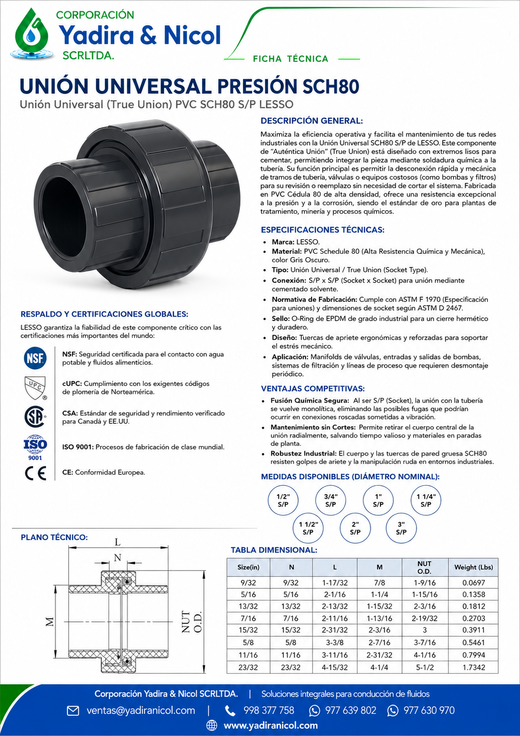 UNIÓN UNIVERSAL A PRESIÓN PVC SCH-80 LESSO